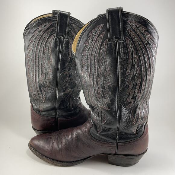 Justin Cowboy Boots Mens Size 9D Two Tone Burgundy Black Leather Almond Toe 1509 - Picture 4 of 10